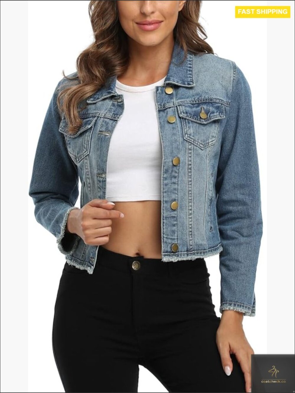 Cropped Denim Jacket Frayed Washed Western Style Button Up Chic Classic